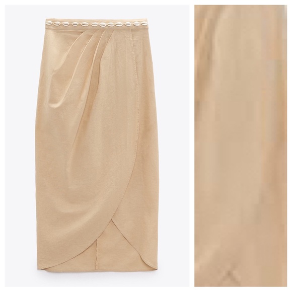 NWT. Zara Beige Seashell Detailing High-Waist Midi Skirt with Slit. Size S. - Picture 3 of 9